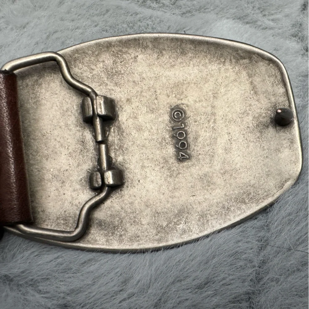Vintage 90s Leather Statement Belt Western Festival Rodeo Silver Buckle Brown - Picture 5 of 13
